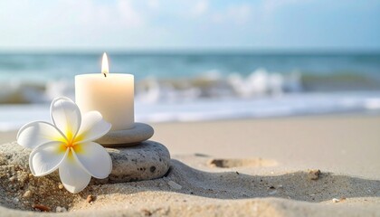 Fototapeta premium Burning candle with white frangipani flower near a stone podium on sea sand beach with wave background.