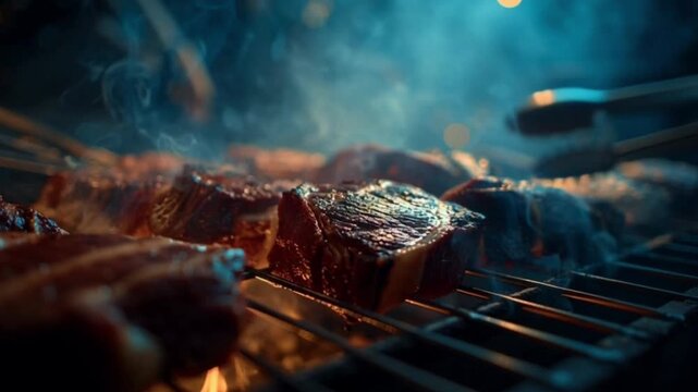 Cinematic Close-Up of Meat Smoking on a Barbecue Grill, Showcasing Juicy Texture, Rising Smoke, Glowing Embers, and Rich, Savory Flavor in a Mouthwatering Outdoor Cooking Scene
