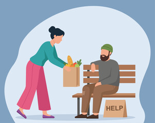 Woman Offering Groceries to Homeless Man on Park Bench in Compassionate Flat Vector Scene, Charity Gesture, Homeless Assistance, Food Donation, Compassionate Act, Community Support