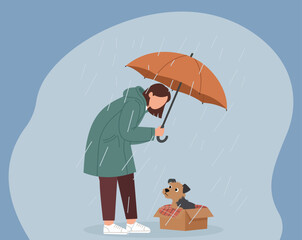 Woman Sheltering Abandoned Puppy Under Umbrella in Rainy Weather, Compassionate Act, Animal Rescue, Rainy Day Protection, Kindness to Stray Dog, Umbrella Shelter