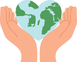 Hands Cradling Heart-Shaped Earth Globe in Flat Vector Illustration, Global Love, Earth Protection, Environmental Care, Sustainability, Planetary Unity