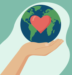Hand Holding Globe with Heart: Flat Vector of Global Love and Environmental Care, Global Unity, Planetary Love, Environmental Protection, World Harmony, Sustainable Care