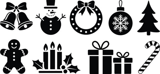 Christmas winter holiday silhouettes, bells, snowman, wreath, ornament, tree, gingerbread man, candles, gift boxes, candy cane, festive black vector set
