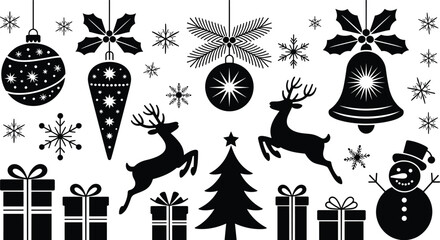 Christmas winter holiday silhouettes, ornaments, bells, snowman, reindeer, tree, snowflakes, gift boxes, holly leaves, pine branches, festive black vector set
