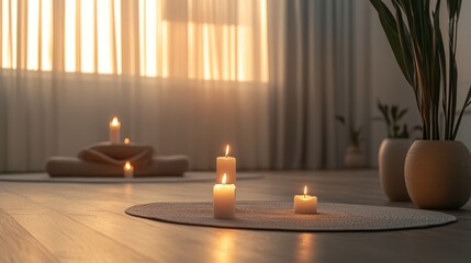 peaceful ambiance of a meditation space illuminated by candlelight and soft sunlight filtering through sheer curtains, creating a serene and calming atmosphere