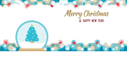 Festive merry christmas and happy new year greeting card with a charming snow globe and decorative border