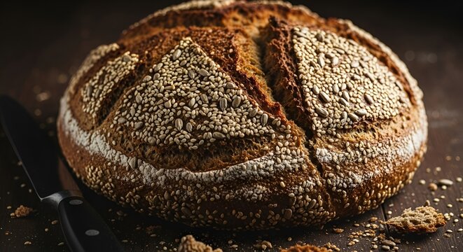Freshly baked loaf of sourdough bread rustic and artisanal perfect for food photography and culinary projects