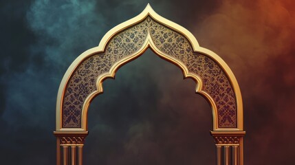 an ornate archway bathed in golden light, adorned with intricate patterns, stands against a smoky, atmospheric background showcasing artistic craftsmanship
