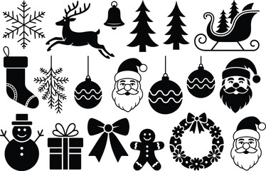 Christmas winter holiday silhouettes, snowflakes, reindeer, bells, trees, sleigh, stockings, ornaments, Santa faces, snowman, wreath, gingerbread, festive vector set