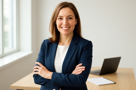 Cheerful professional woman consultant smiling confident arms crossed in modern office