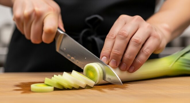 新鮮野菜の調理：料理人が包丁で長ネギを刻んでいる手元のクローズアップ