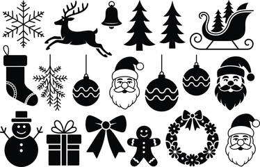Christmas winter holiday silhouettes, snowflakes, reindeer, bells, trees, sleigh, stockings, pine branches, ornaments, Santa faces, wreath, festive black vector set