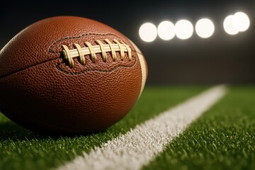 Classic football resting on vibrant green turf near white yard line under stadium lights