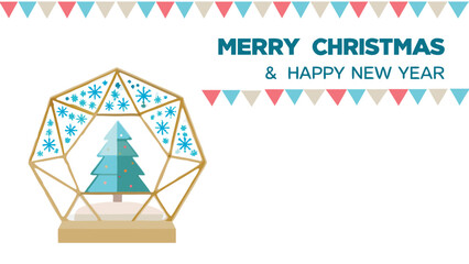 Festive geometric terrarium snow globe with christmas tree and snowflakes celebrating merry christmas and happy new year