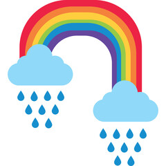 Vibrant Rainbow Arching Over Two Light Blue Clouds with Falling Rain Drops on a Transparent Background