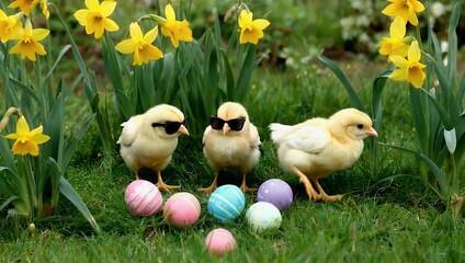 Fun 4K vertical Easter holiday video featuring adorable chicks aring sunglasses surrounded brightly colored eggs yellow daffodils sunny meadow symbolizing joy springtime seasonal family celebration - Powered by Adobe