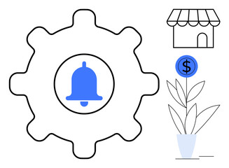 Gear with notification bell, storefront, money sign, and potted plant. Ideal for business growth, updates, investment, finance planning automation entrepreneurship and innovation. Simple flat