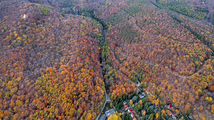 Aerial view of Velem village and Szent Vid chapel in autumn forest
