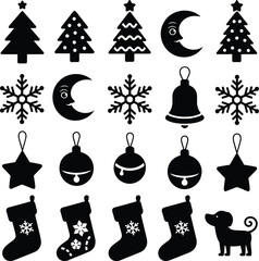 Christmas winter holiday silhouettes, trees, moons, snowflakes, bells, stars, ornaments, stockings, dog, festive black vector icons, seasonal decorative design set
