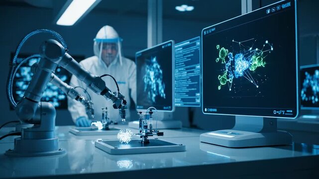 Scientist Working with Robotic Arm in Lab