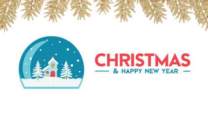 Festive christmas and happy new year greeting with a snow globe and pine branches