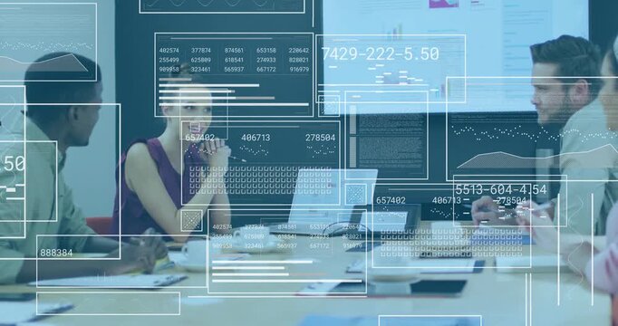 Woman leading business meeting clasping chin speaking wall screen starting HUD panels over charts