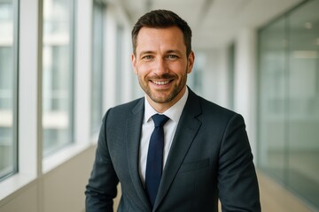 Fototapeta premium Confident businessman smiling in modern office bright window light success focused energy