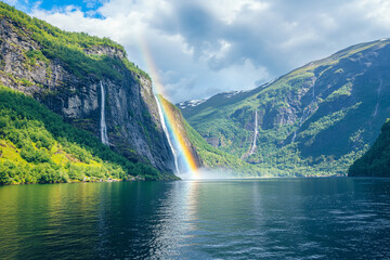 breathtaking fjord framed by majestic rainbow, as waterfalls cascade down towering cliffs