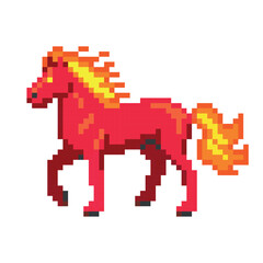 Red fire horse pixel art. Zodiac symbol for 2026, dynamic running sprite, New Year game asset. Vector illustration