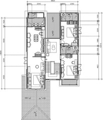 Bedroom Suite Interior Drawing with Master Bedroom, Walk-in Closet, Bathroom, and Two Secondary Bedrooms Including Central Hallway