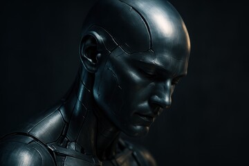 Contemplative android head with soft rim light futuristic reflective alloy and bokeh