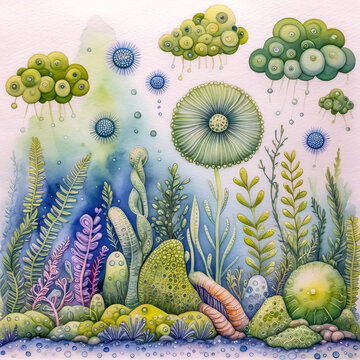 a whimsical microscopic ecosystem &mdash; algae forests, tiny wormlike creatures, and spore clouds.