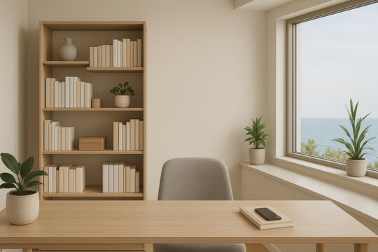 Home office backdrop with tidy bookshelf and ocean view window neutral decor