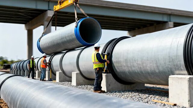 Construction crew installs a large pipe culvert highlighting the placement of cylindrical segments to create a seamless water passage beneath a bridge.