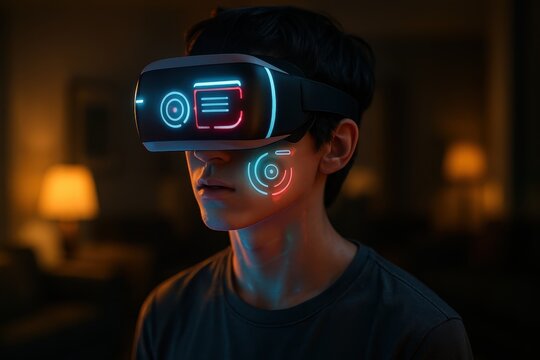 Immersed adult wearing virtual reality headset with neon interface glow at home