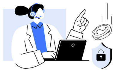 Woman with headset pointing, laptop in front, coin symbolizing payment, and shield with lock icon. Ideal for customer service, cybersecurity, online payment, support, digital security technology
