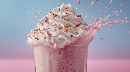 Vibrant Pink Milkshake with Whipped Cream and Colorful Sprinkles Splashing
