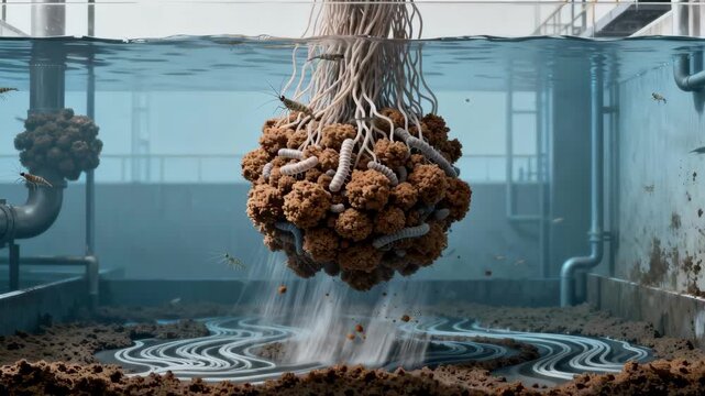 Medium shot capturing microbial flocs settling and recycling in a contact stabilization activated sludge setup.