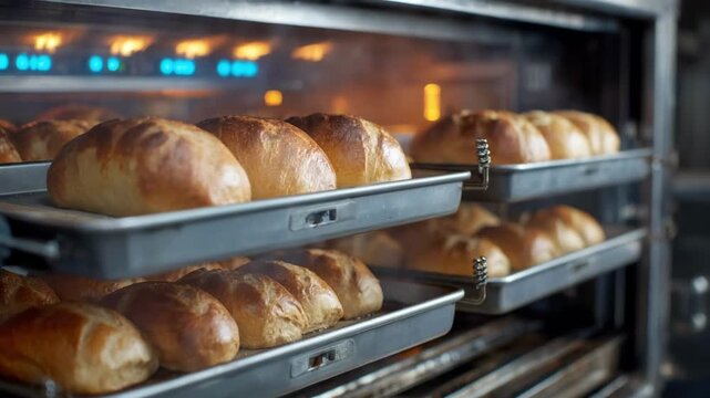 Medium shot of a convection oven with rotating trays baking evenly highlighting automated temperature control for largescale commercial bread production.