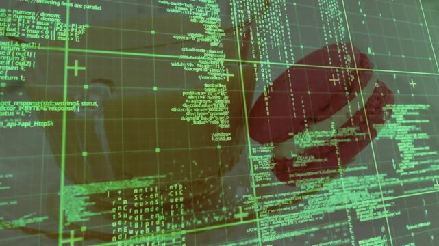 On code columns sliding, green grid reclustering, revealing lower face and red object for analysis