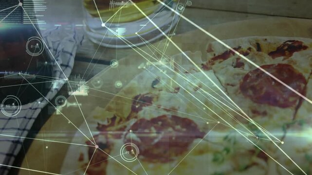 Camera panning down and right, HUD graphics expanding and mapping pizza toppings for analytics