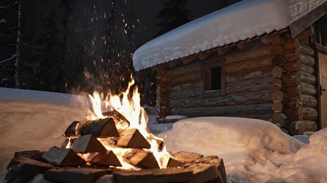 Warm Campfire Burning in Snow During a Cold Winter Night with Rustic Log Cabin in Background