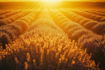 breathtaking lavender field bathed in golden sunrise light, stretching endlessly into the horizon