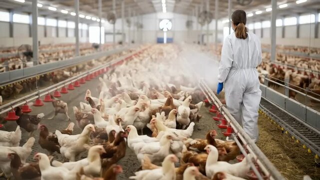 Veterinarian spraying poultry with a fine mist vaccine in a commercial farm environment highlighting efficient mass immunization methods for animal health.