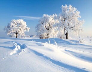 A serene winter scene with snow-covered ground, three trees frosted with ice, and a bright blue sky