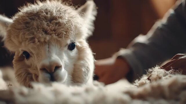 Medium shot focusing on gentle alpaca shearing with soft tools emphasizing animal comfort and skillful wool collection in a calm environment