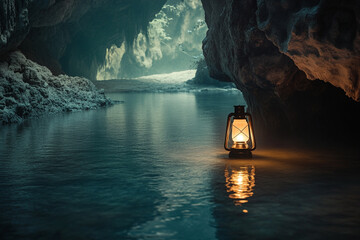 A single lantern floating on an underground river, casting eerie shadows