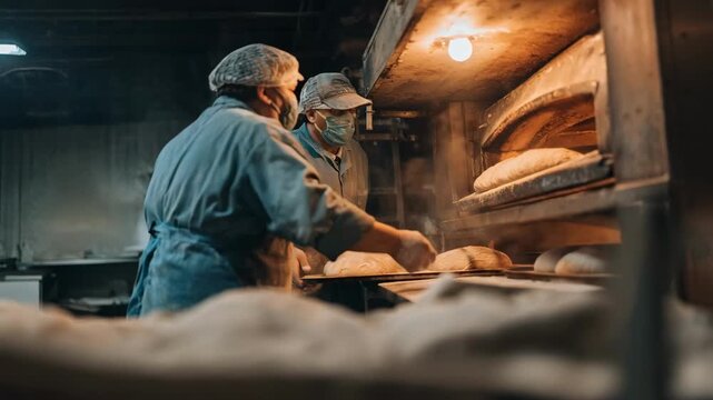 Medium shot of industrial bakers loading dough into convection ovens emphasizing efficient batch processing in a busy commercial bakery setting.