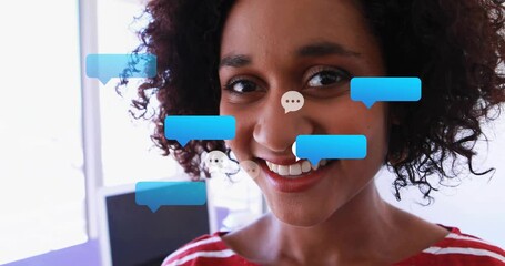 Woman walking toward camera, causing chat bubbles over face and showing message flow for business - Powered by Adobe