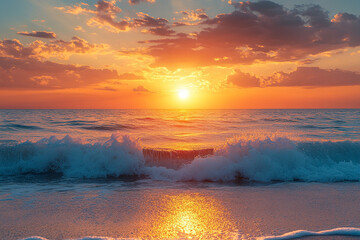 breathtaking sunset over the endless horizon of the ocean Golden light meets rolling waves in serene seascape